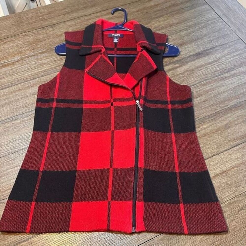 Chaps Red Black Buffalo Plaid Zip Front Sweater Vest Sleeveless Winter Womens M